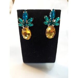 Rhinestone Earrings, Pineapple, Yellow, Teal‎ Blue, Collectible